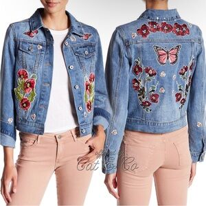 Bagatelle Collection Embroidered Floral Butterfly Bee Trucker Denim Jacket